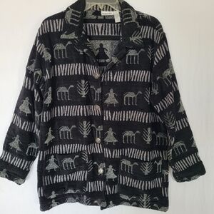 CHICOS DESIGN Blanket Jacket Blazer Size L Black Boho Primitive Lagen